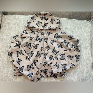 Beige butterfly printed cropped zip up jacket 🦋